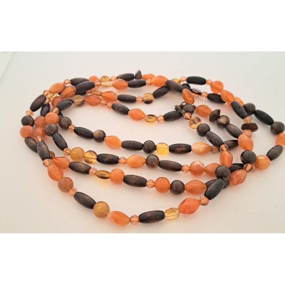 Vintage Orange Beige Brown Costume Jewelry Bead Necklace Acrylic & Wood‎
